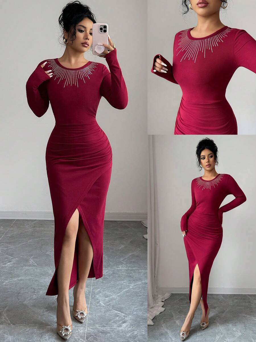Rafferiza Burgundy Autumn Elegant Dining Women Red Dress, Party Hot Brick Pleats Waist Hem Slit Hip Wrap Shiny Long Christmas New Year Dress For Ladies - Red - View 1