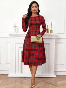 SHEIN Lady 女式格子圆领长袖优雅中长连衣裙 - 紅色 - 查看 7