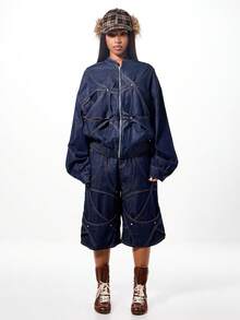 SUMWON WOMEN Oversized Denim Bomber Jacket With Applique Details And Belted Waist For Women Fall Winter Streetwear - Navy Blue - View 3