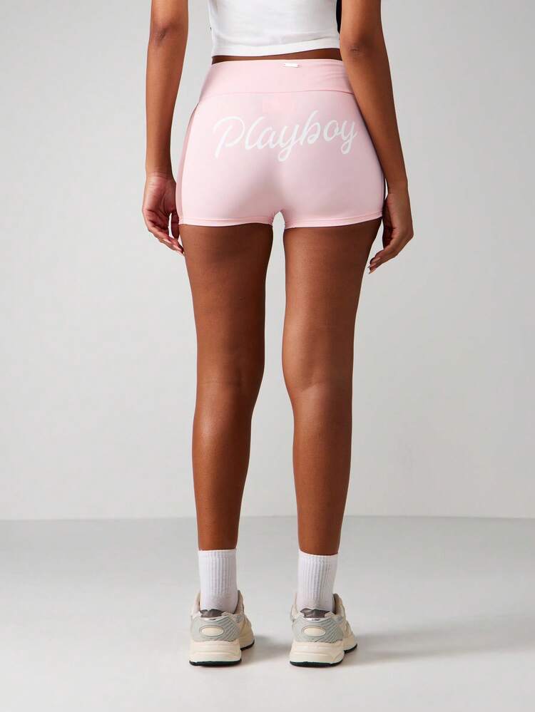 Missguided x Playboy High Waisted Athletic Shorts With Cut Out Detail And Text Print
