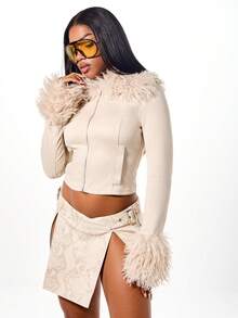 SUMWON WOMEN Cropped Fur Trim Jacket With Zip Closure And Feather Details Winter Outerwear Fashion Statement Piece - Apricot - View 1