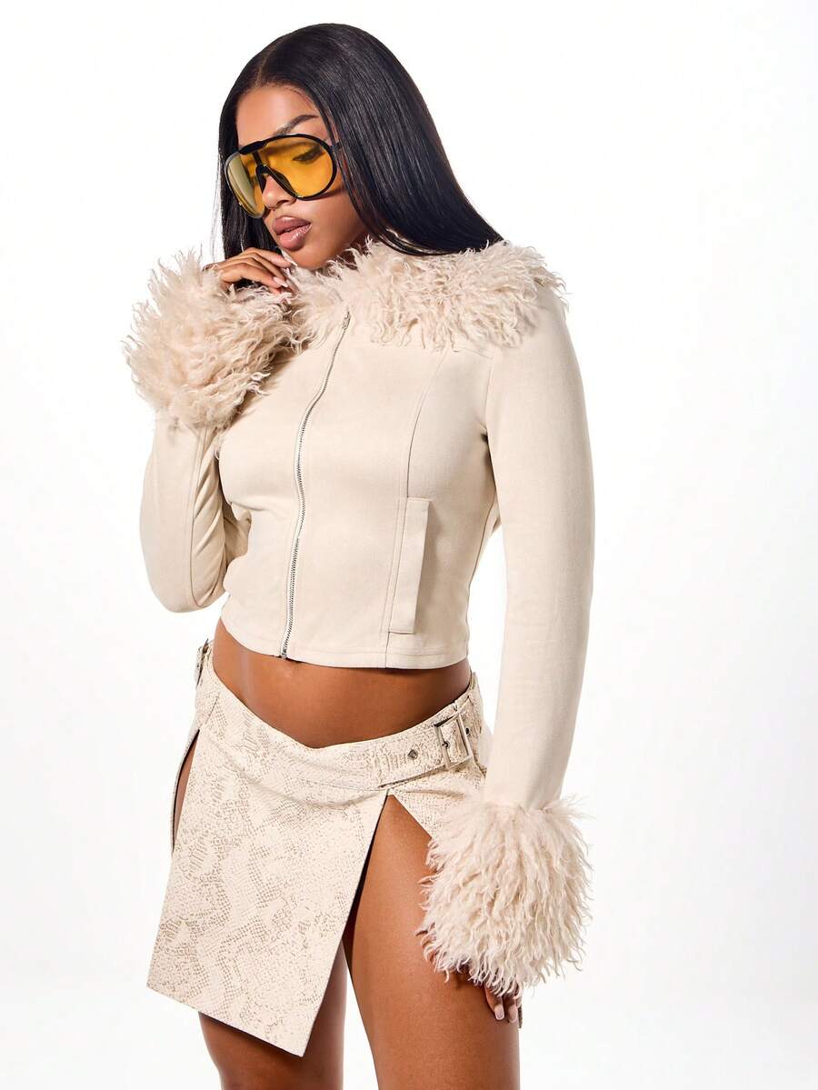 SUMWON WOMEN Cropped Fur Trim Jacket With Zip Closure And Feather Details Winter Outerwear Fashion Statement Piece - Apricot - View 1