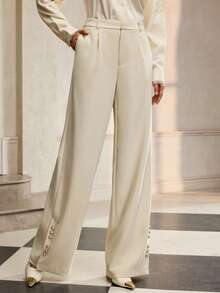 ZEYLAH 女士优雅直筒串珠裤，秋冬 - 杏色 - 查看 4