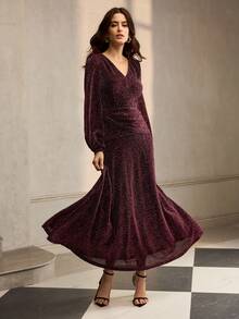 ZEYLAH Vestido con cuello en V, fruncido y con bajo acampanado, para otoño/invierno