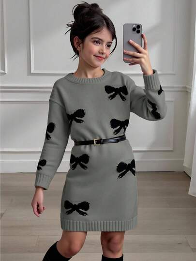 SHEIN 1pc Girls' Sweater Dress, Cute Style, Black Bow Jacquard Pattern, Round Neck, Regular Sleeve, Cuff & Hem Cinched, Regular Thickness, Elegant Knit Dress In Ivory, Intellectual Chic Slim Fit, Suitable For Spring, Autumn & Winter Girls Knitted Dress Grey Dress For Teen Girls Long Sleeve Dress Dress With Bow