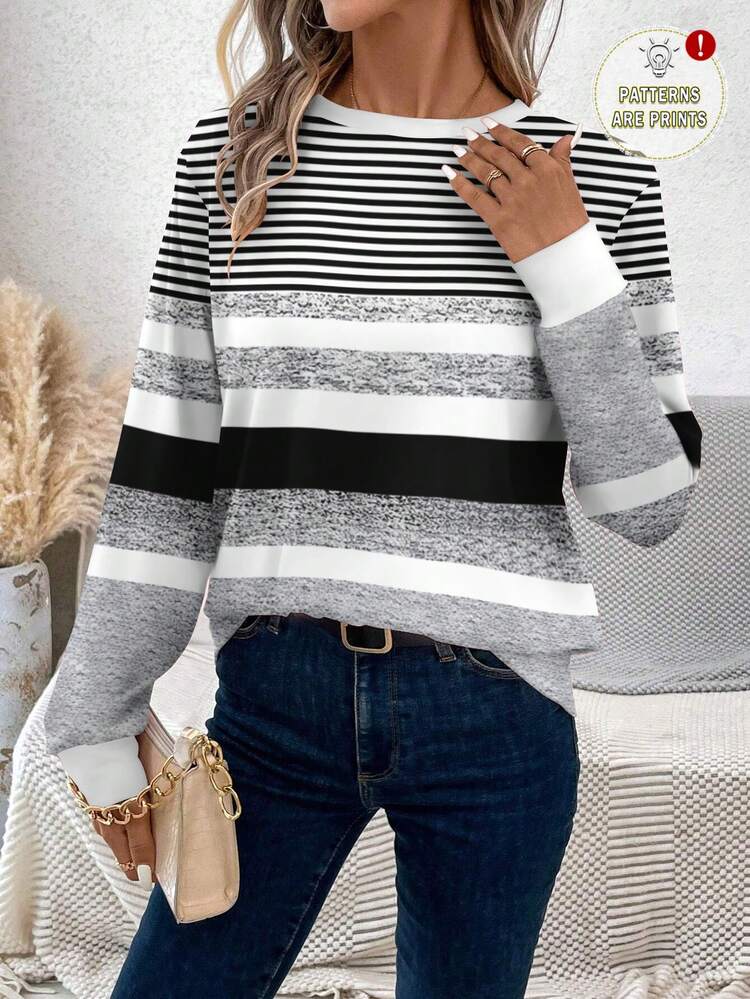 EMERY ROSE Casual Minimalist Style Faux Mechanical Colorblock Black & White Striped Placement Print Long Sleeve T-Shirt For Women, Suitable For Autumn/Winter,Fall,Fall Clothes For Women - Multicolor - View 1