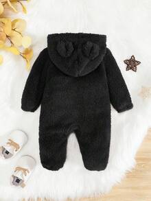 SHEIN Baby Boy 3D Ear Design Hooded Zipper Flannel Sleep Jumpsuit - Black - View 5