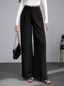 SHEIN Tall 休闲百搭纯色高腰阔腿裤，适合高个子穿着，秋冬季休闲高腰裤，黑色女士休闲裤，黑色阔腿正装裤，冬季，感恩节，黑色裤子，休闲，复古高贵商务通勤裤