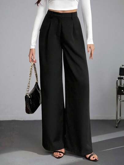 SHEIN Tall 休闲百搭纯色高腰阔腿裤，适合高个子穿着，秋冬季休闲高腰裤，黑色女士休闲裤，黑色阔腿正装裤，冬季，感恩节，黑色裤子，休闲，复古高贵商务通勤裤