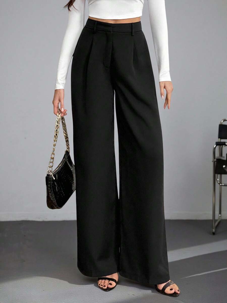 SHEIN Tall 休闲百搭纯色高腰阔腿裤，适合高个子穿着，秋冬季休闲高腰裤，黑色女士休闲裤，黑色阔腿正装裤，冬季，感恩节，黑色裤子，休闲，复古高贵商务通勤裤