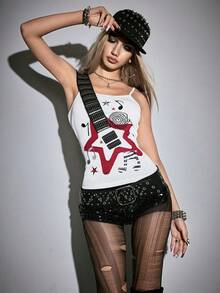 ROMWE Grunge Punk Áo hai dây họa tiết nốt nhạc Rock Bass dễ thương dành cho nữ - trắng - Xem 7