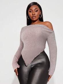 SHEIN SXY Plus Size Women's Fall & Winter Elegant Grunge Asymmetrical Neck Rib-Knit Tee With Suitable For Old-Money,Cruise Attire,Valentine's Day,Music Festival, Concert