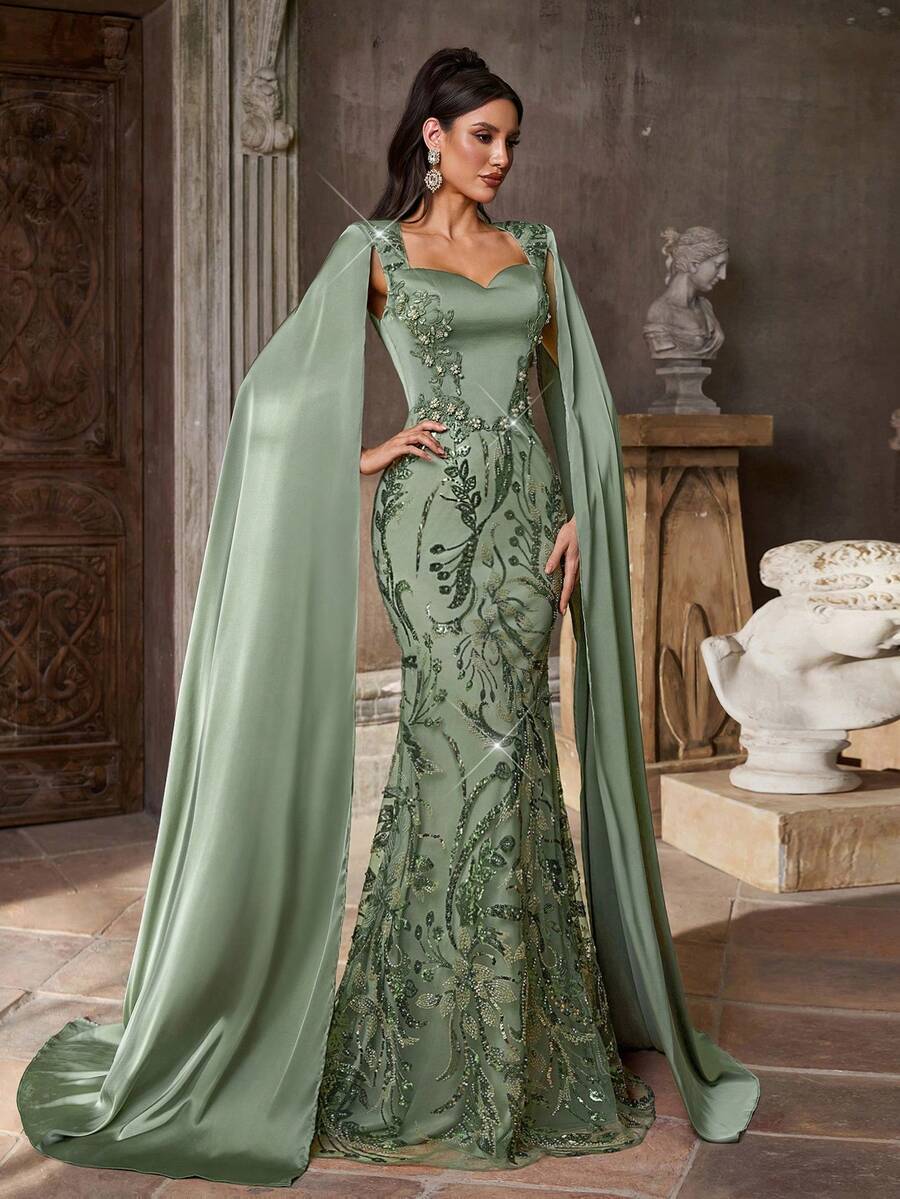 Aureia 优雅绿色奢华串珠和亮片拼接亮面缎面高领前中镂空手工 3D 贴花串珠夸张喇叭袖鱼尾礼服，适合婚礼、庆典、约会、正式场合