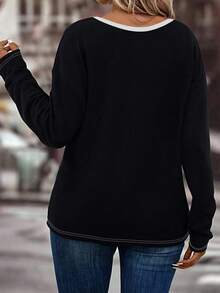 EMERY ROSE Plus Size Casual Colorblock V-Neck T-Shirt, Autumn/Winter - Multicolor - View 2