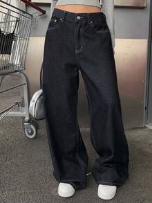 DAZY 女士直筒休闲牛仔裤，纯色 Y2K - 深色水洗藍 - 查看 2