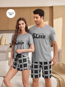 SHEIN Bộ đồ ngủ họa tiết chữ cái thoải mái, dễ thương, phù hợp với các cặp đôi, áo cổ tròn tay ngắn và quần short kẻ sọc dành cho nam, quà tặng bạn trai - Xám - Xem 6