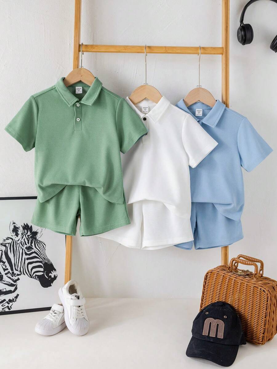 LMoss Kids 6 件装年轻男童休闲运动度假 Polo 领短袖 Polo 衫和配套松紧腰短裤套装，针织纯色舒适服装，适合儿童服装，年轻男童服装，返校，男童套装适合生日派对、晚会、表演、婚礼、洗礼、开幕式、日常使用、学校、旅行、运动、春夏季节 - 彩色 - 查看 1