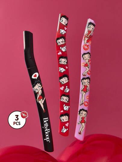 Betty Boop x SHEIN 3 Pcs Straight Handle Eyebrow Trimmers With Protective Cap,Painless Hair Remover Razors,Durable Trimming Blades Scratchproof Scratch-Resistant Portable Beauty Tool,Crescent Eyebrow Shavers,Professional Makeup Tool For Eyebrow Trimming And Precision Grooming,For Beginners To Avoid Injury Suitable For Eyebrows, Face, Body And Other Areas,Pink Red Lady Love Cute Brows & Lash Tools,Gift Ideas,Party,Holiday,Valentine's Day