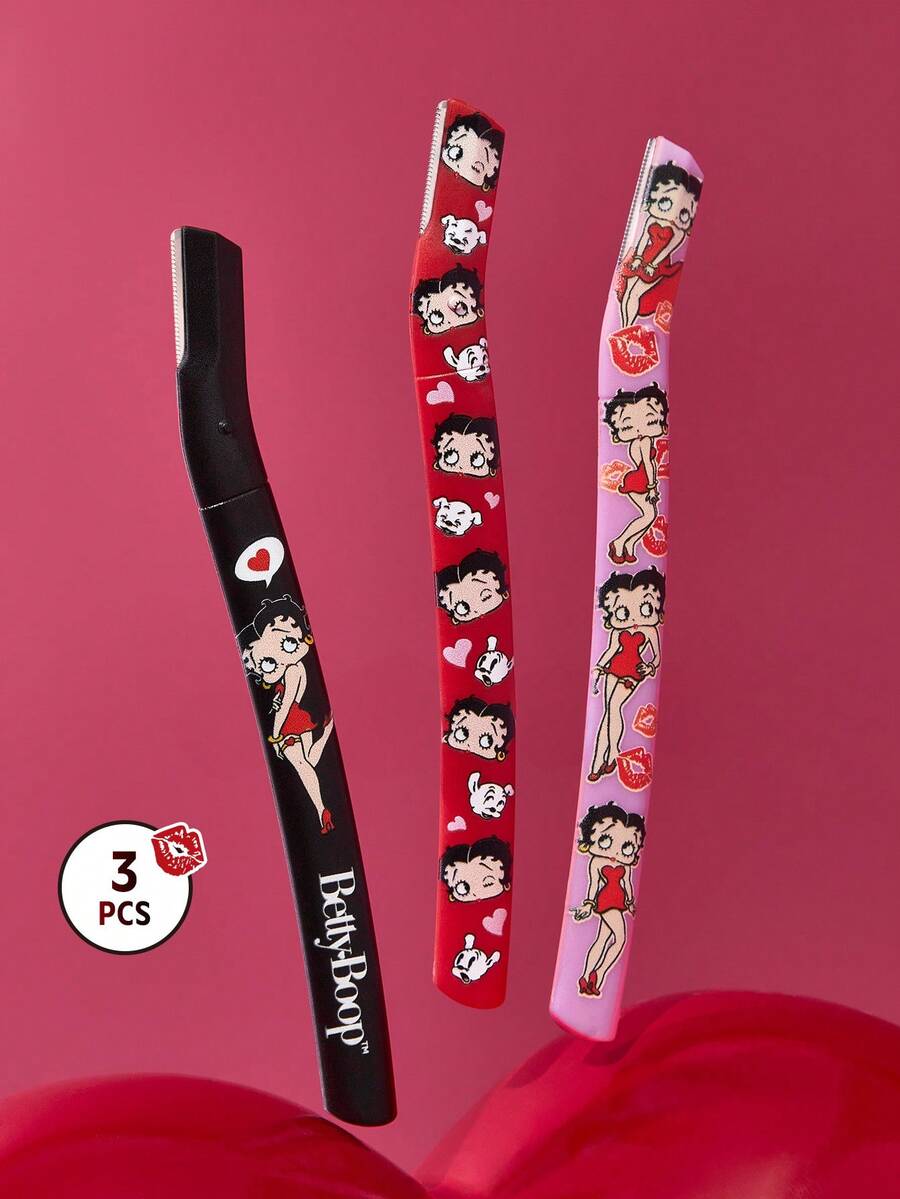 Betty Boop x SHEIN 3 Pcs Straight Handle Eyebrow Trimmers With Protective Cap,Painless Hair Remover Razors,Durable Trimming Blades Scratchproof Scratch-Resistant Portable Beauty Tool,Crescent Eyebrow Shavers,Professional Makeup Tool For Eyebrow Trimming And Precision Grooming,For Beginners To Avoid Injury Suitable For Eyebrows, Face, Body And Other Areas,Pink Red Lady Love Cute Brows & Lash Tools,Gift Ideas,Party,Holiday,Valentine's Day - Multicolor - View 1