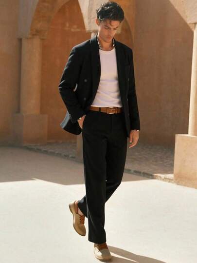 HIMLAND 男士纯色双排扣西装外套配裤子套装