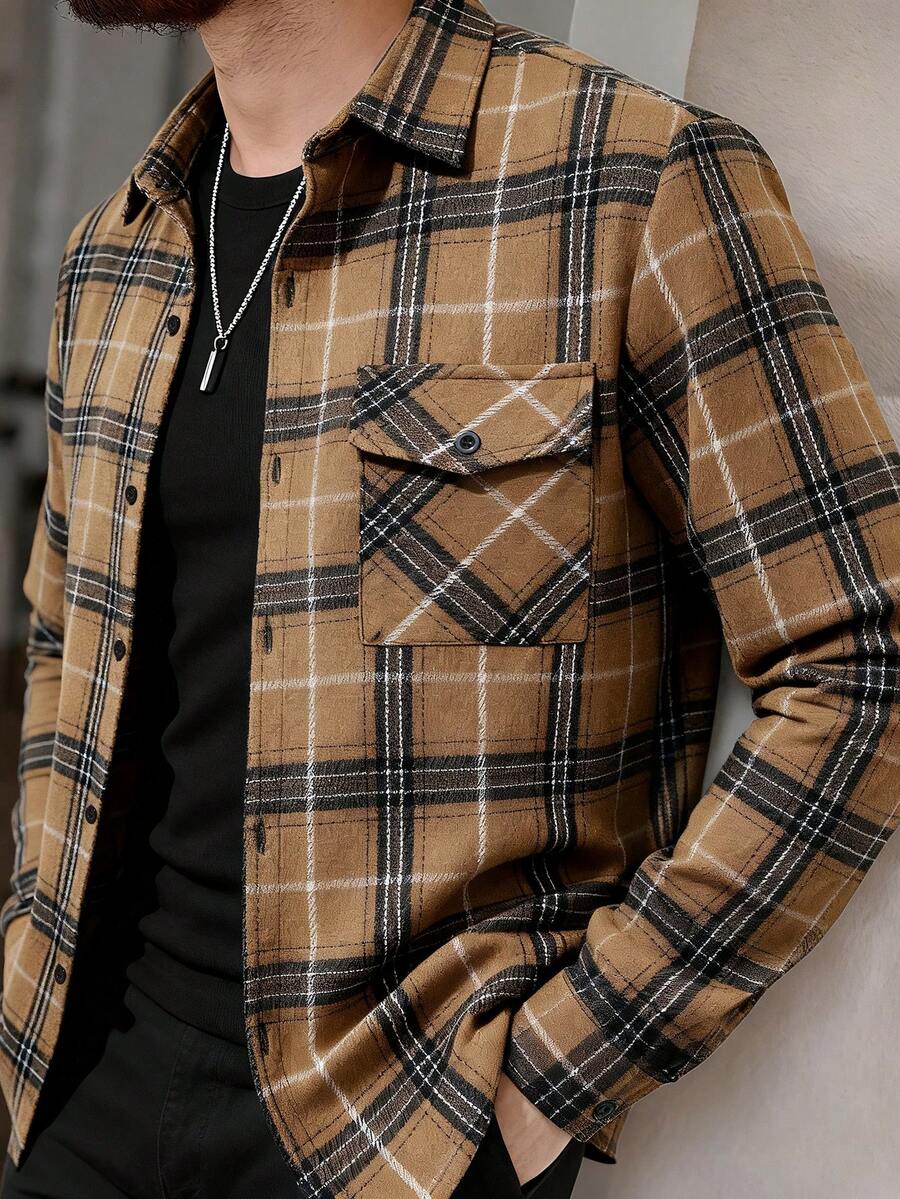 Manfinity Homme 男士复古休闲格子前开襟长袖衬衫式外套,秋季街头风,男士法兰绒衬衫,复古绅士风,日常休闲,周末旅行,户外活动,探险旅行,轻松工作环境或半正式场合,男友/老公礼物,周年纪念礼物,圣诞节,冬季 - 卡其色 - 查看 1