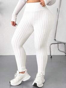 SHEIN EZwear 大码纯色高弹力休闲紧身裤 - 白色 - 查看 5