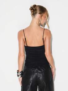 KIZN Áo hai dây lưới xếp nếp có chi tiết nút pha lê và dây đeo có thể điều chỉnh cho các dịp tiệc tối - màu đen - Xem 2