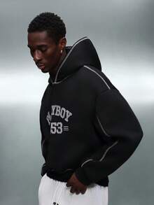 PLAYBOY X SUMWON Sudadera con capucha ajustada con bolsillo central y cordón, logo vintage, sudadera casual de invierno y streetwear - Negro - Ver 4