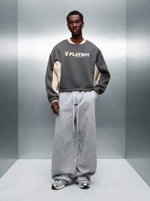 PLAYBOY X SUMWON Crop Fit Bunny Logo Pullover Sweatshirt With Contrast Sleeves And Ribbed Cuffs - Grey - View 4