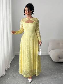 Elenzga 大码女式优雅法式性感修身镂空长袖 A 字蕾丝连衣裙 - 淡黃色 - 查看 8