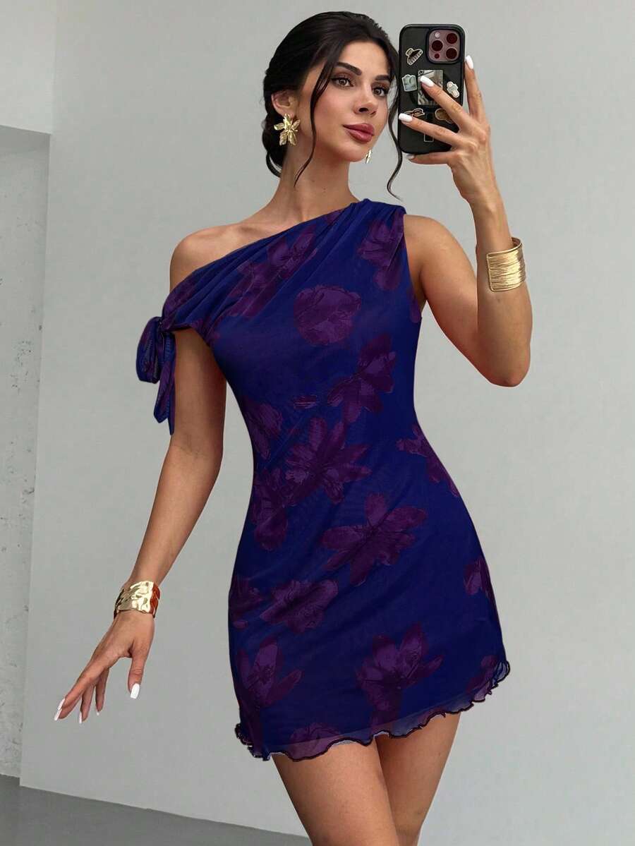 Firerie Robe d'été asymétrique à fleurs sexy et élégante pour femmes, robe à fleurs en maille, robe à col asymétrique, vêtements printemps/été, tenue de plage, élégante, sexy, vacances, plage, Hawaï, rendez-vous, fête, festival de musique, robe de remise des diplômes, bal