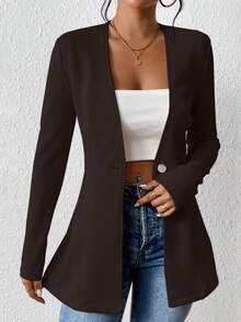 EMERY ROSE Women's Casual Textured Unlined Collarless Lightweight Long Sleeve Blazer - Coffee Brown - View 6