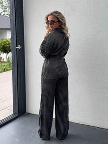Jeta Ari 2pcs Women's Striped Wrap Elegant Casual Kimono Blazer Set, Grey, Office Fashion Commuter Suit - Dark Grey - View 2