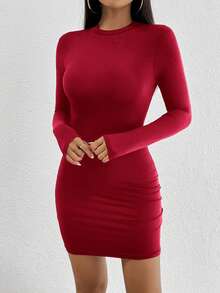 SHEIN PETITE 女士优雅通勤纯色紧身连衣裙 - 酒紅色 - 查看 4