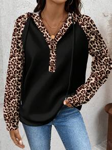SHEIN Clasi Sweatshirt Lengan Panjang Wanita Gaya Minimalis Kasual Motif Leopard Warna Kontras Hitam, Cocok untuk Musim Gugur/Dingin - MultiWarna - View 5