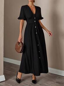 EURMUSE Solid Color Ruffle Trim Dress For Women, Button Front - Black - View 4
