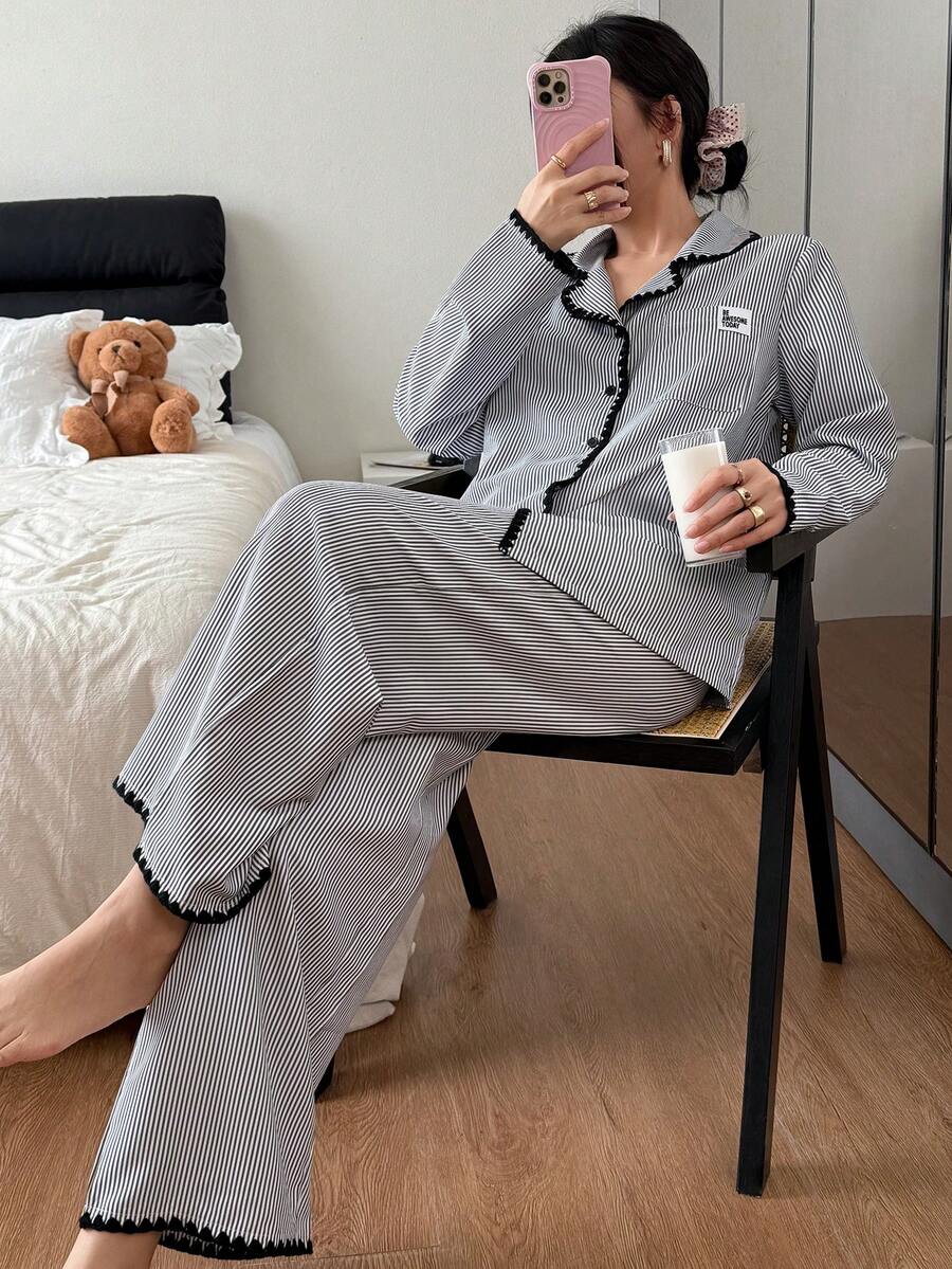 Napfluff Woven Striped Embroidered Patchwork Long Sleeve Top & Pants Women Pajama Set Fall Winter Clothes - Dark Grey - View 1