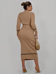 Lineaform Women's Elegant Fitted Metal Button Front Long Sweater Dress - Khaki - View 2