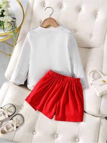 Elladie kids Dziewczęca koszulka z okrągłym dekoltem i długim rękawem, z kokardą i perłowym wzorem, z krótkimi spodenkami i wysokim stanem, z perłowym wzorem, strój na powrót do szkoły, odpowiedni na święta i Boże Narodzenie, w kolorze czerwonym