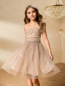 女童闪亮无袖连衣裙，后背蝴蝶结，公主薄纱裙，适合生日派对 - 卡其色 - 查看 7