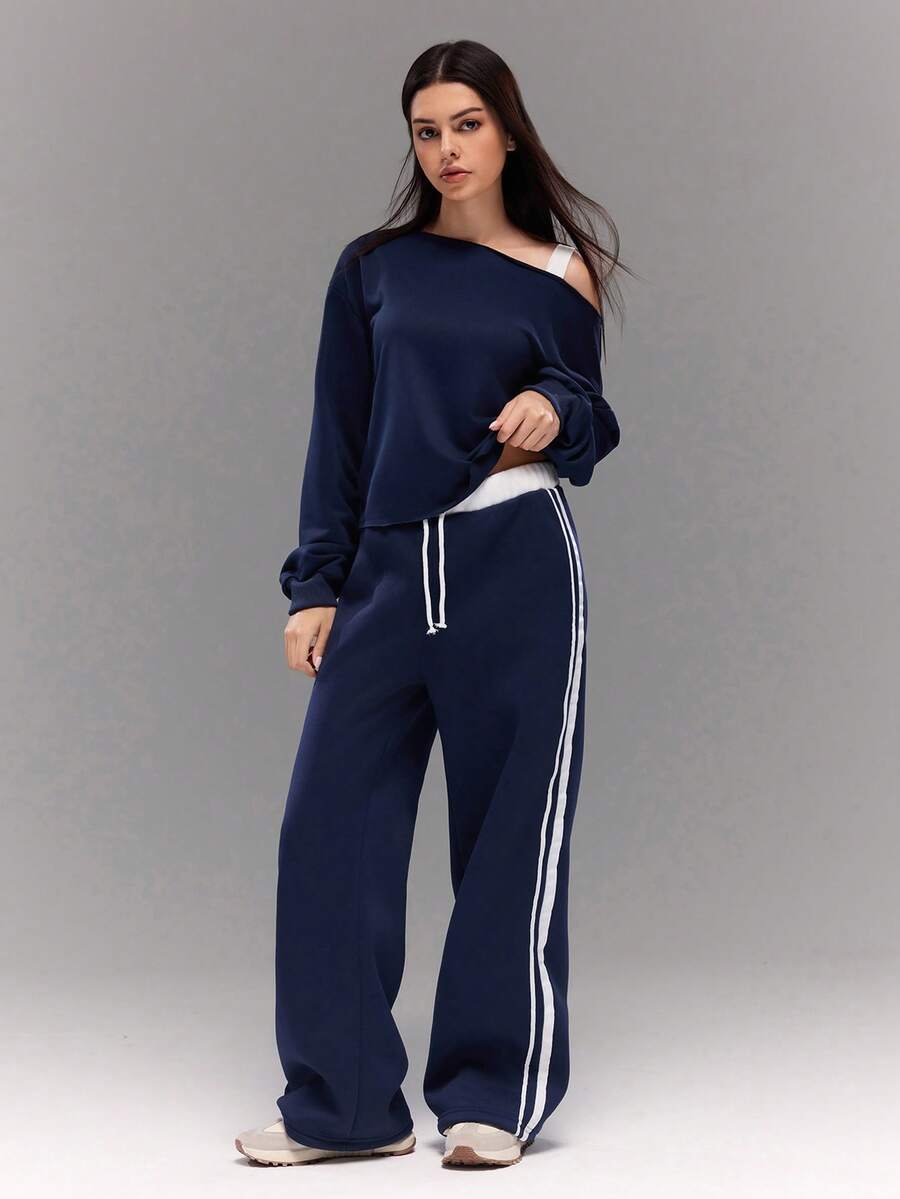 青少年女孩海軍藍運動套裝,秋季街頭風斜肩上衣與抽繩運動長褲套裝,返校派對時尚休閒穿搭 - 藏蓝色 - 查看 1