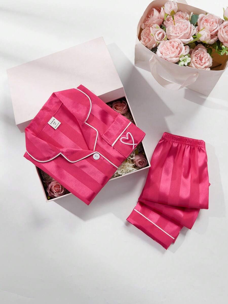 2件套少女简约香槟色条纹长袖开衫和裤子家居服套装 - 玫紅色 - 查看 1