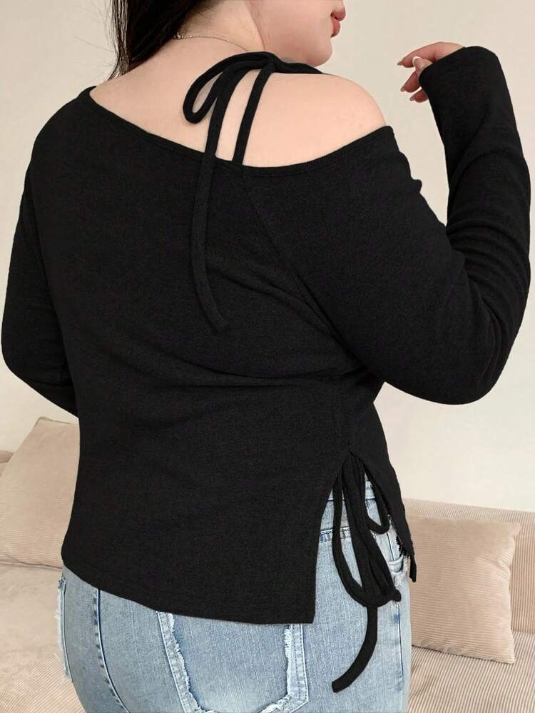 Dazy Plus Plus Size Slim Fit Solid Color Open Shoulder Drawstring Tie T-Shirt, Spring/Summer/Autumn Long Sleeve Women