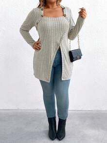 SHEIN T-shirt décontracté printemps pour femmes, grande taille, à manches longues, élégant, avec boutons décoratifs, pour la maison et l'usage quotidien - Beige - Voir 4