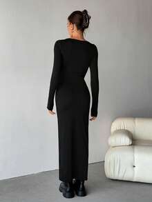 SHEIN Tall Women's Fall/Winter Basic Knit Grey Fitted Square Neck Long Sleeve Dress Long Bodycon Dress Tight Long Dress Slim Dress Black Sexy Dress Women,Dresses For Women Elegant,New Year Dress ,Elegant Party Dresses - Black - View 2