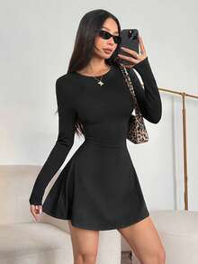 SHEIN PETITE 女士修身长袖高领迷你连衣裙，荷叶边下摆，咖啡色，适合秋冬季叠穿、约会或通勤，优雅的卡其裙、伞裙、办公室工作服、秋季内搭、夏季连衣裙、下午茶连衣裙、女士优雅连衣裙 - 黑色 - 查看 5