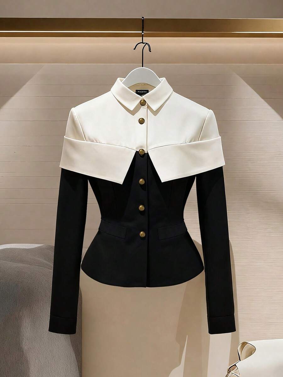 Franclia 法国复古时尚简约奢华黑白撞色领口二合一束腰前开襟女式衬衫