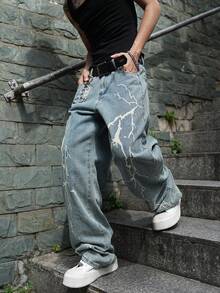 Manfinity EMRG Loose Men's Lightning Print Wide Leg Jeans - Light Wash - View 5