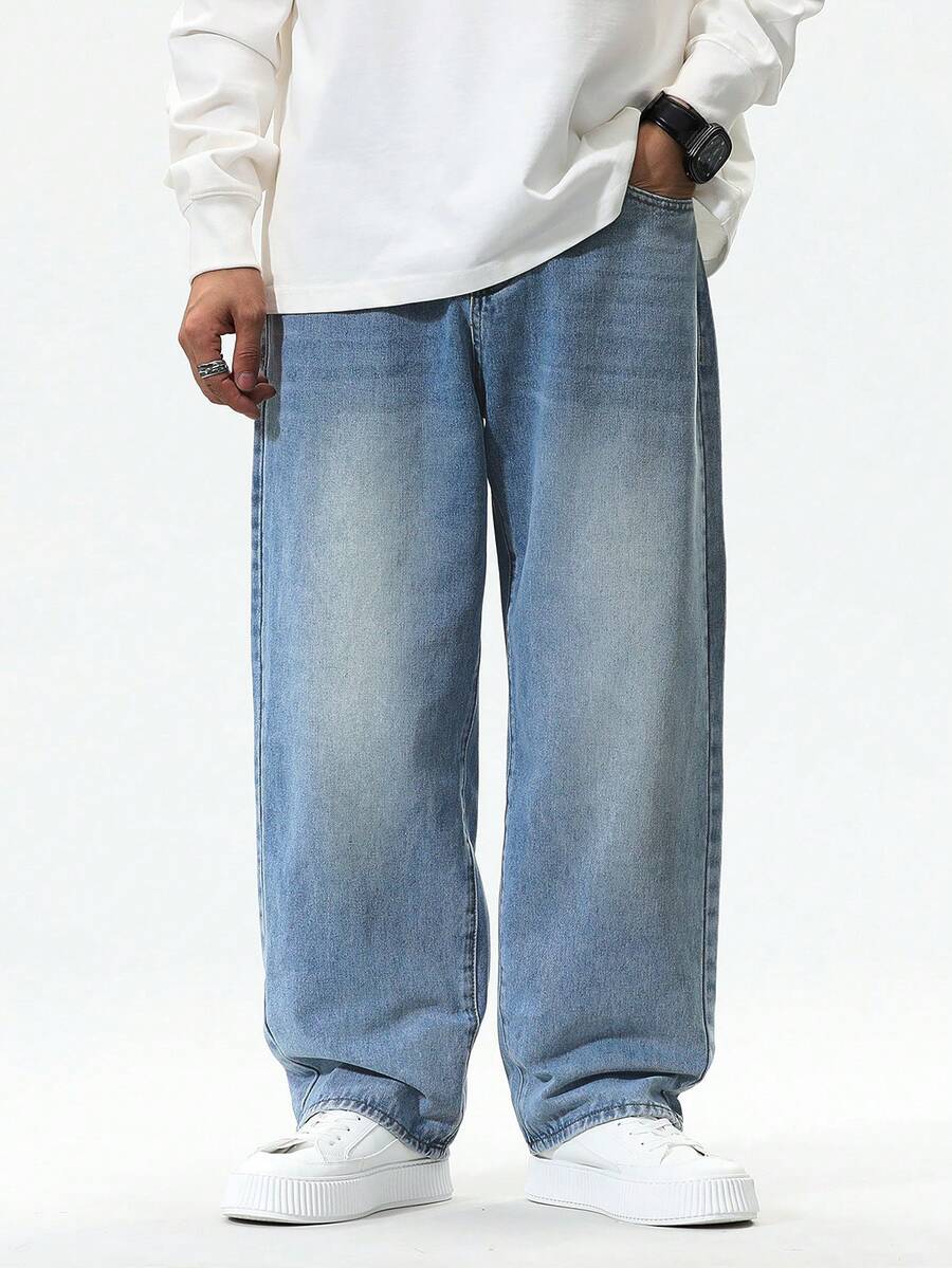 Chillumni Men's Loose Fit Pockets Wide Leg Casual Versatile Jeans Baggy Jeans Men Wide Leg - Light Wash - View 1