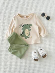 Cozy Pixies 2pcs Baby Boy Cartoon Dinosaur Contrast Color Crew Neck Long Sleeve Pullover Top And Elastic Waist Pants Set, Thermal Lined, Suitable For Winter Baby Boy Clothes Long Sleeve Neutral Baby Clothes Unisex 2026 Dinosaur Baby Boys Outfit Baby Casual Sets